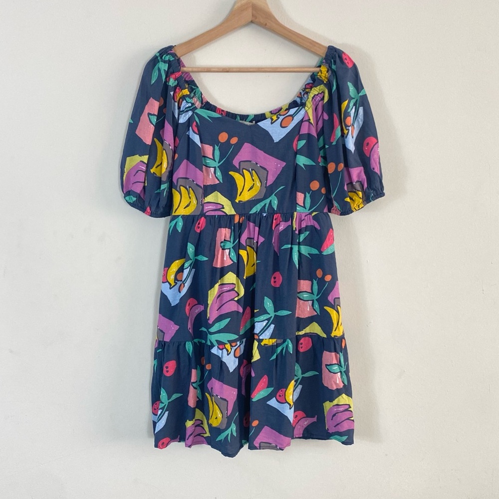NEW JODIFL Fruit Print Baby Doll Mini Dress in Blue Gray Multicolor - S